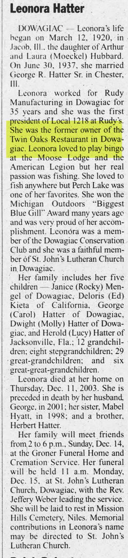 Twin Oaks Drive-In - Dec 13 2003 Leonora Hatter Obituary